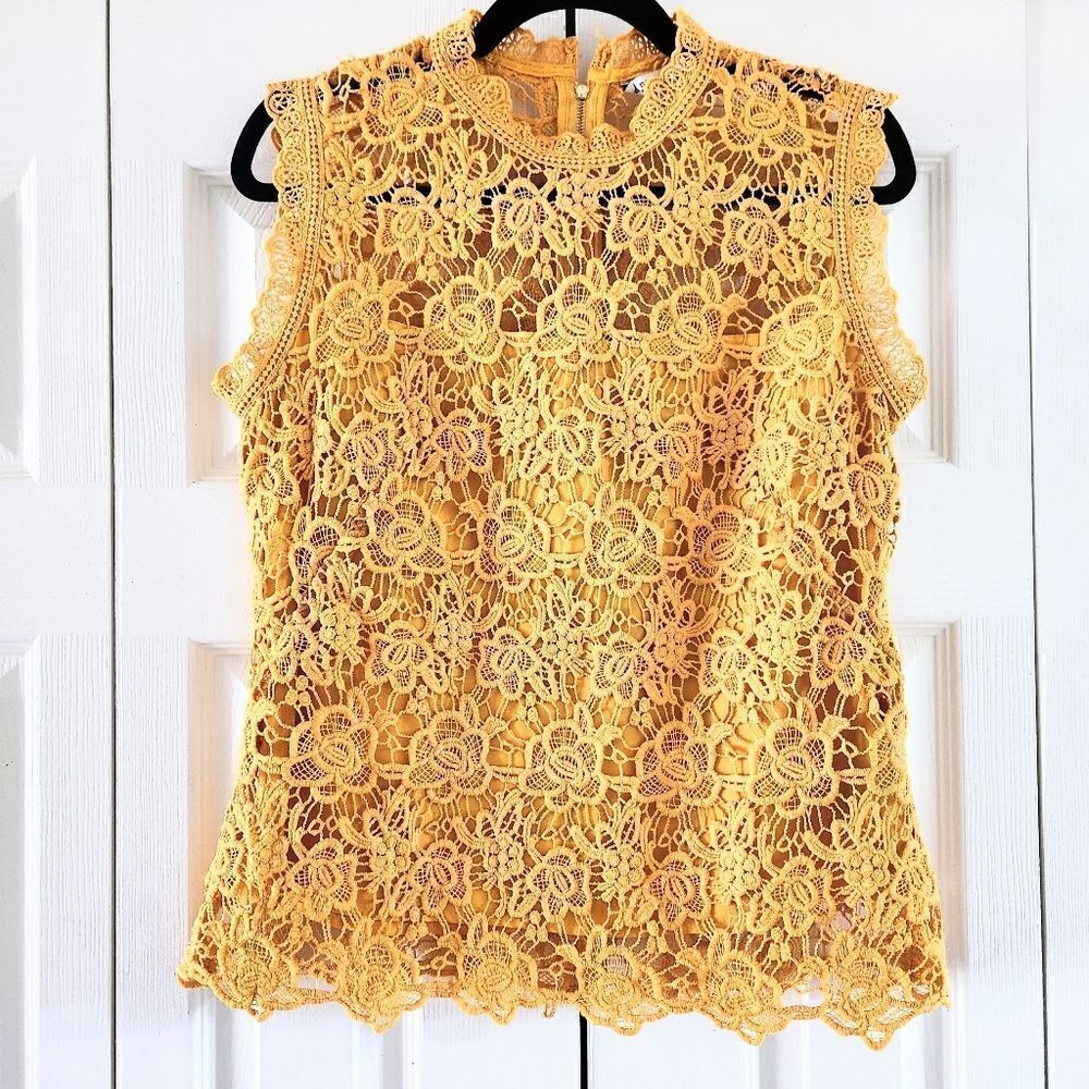 Nanette Lepore Goldenrod Embroidered Lace Overlay Sleeveless Blouse, Med…